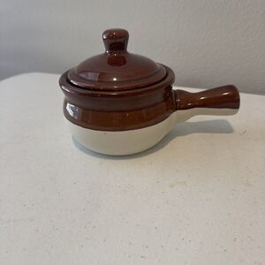 Individual Covered Casserole Dish Pottery Crock with Handle 3 Tone Brown Vintage